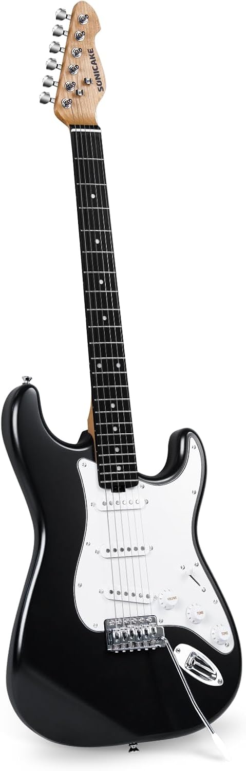 Electric Guitar Full-Size Lightweight Body Classic SS Pickup Tremolo Bridge Rounded Fret Ends Heel Adjustment Truss Rod, Black