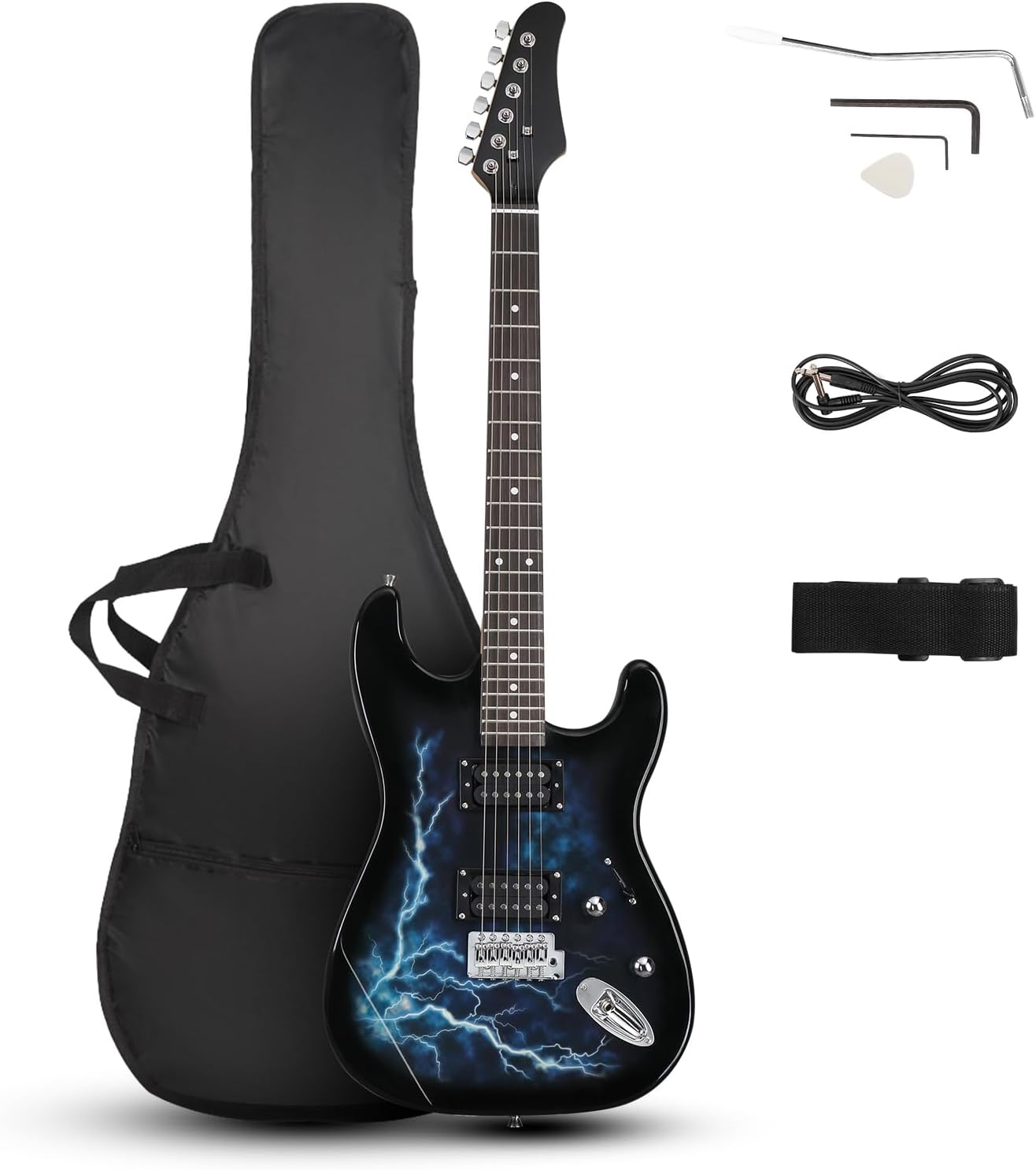 Full Size Electric Guitar, 39 H-H Pickups Beginner Electric Guitars Kit with Shoulder Strap, Bag, Cable and Tremolo Arm (Lightning Blue)