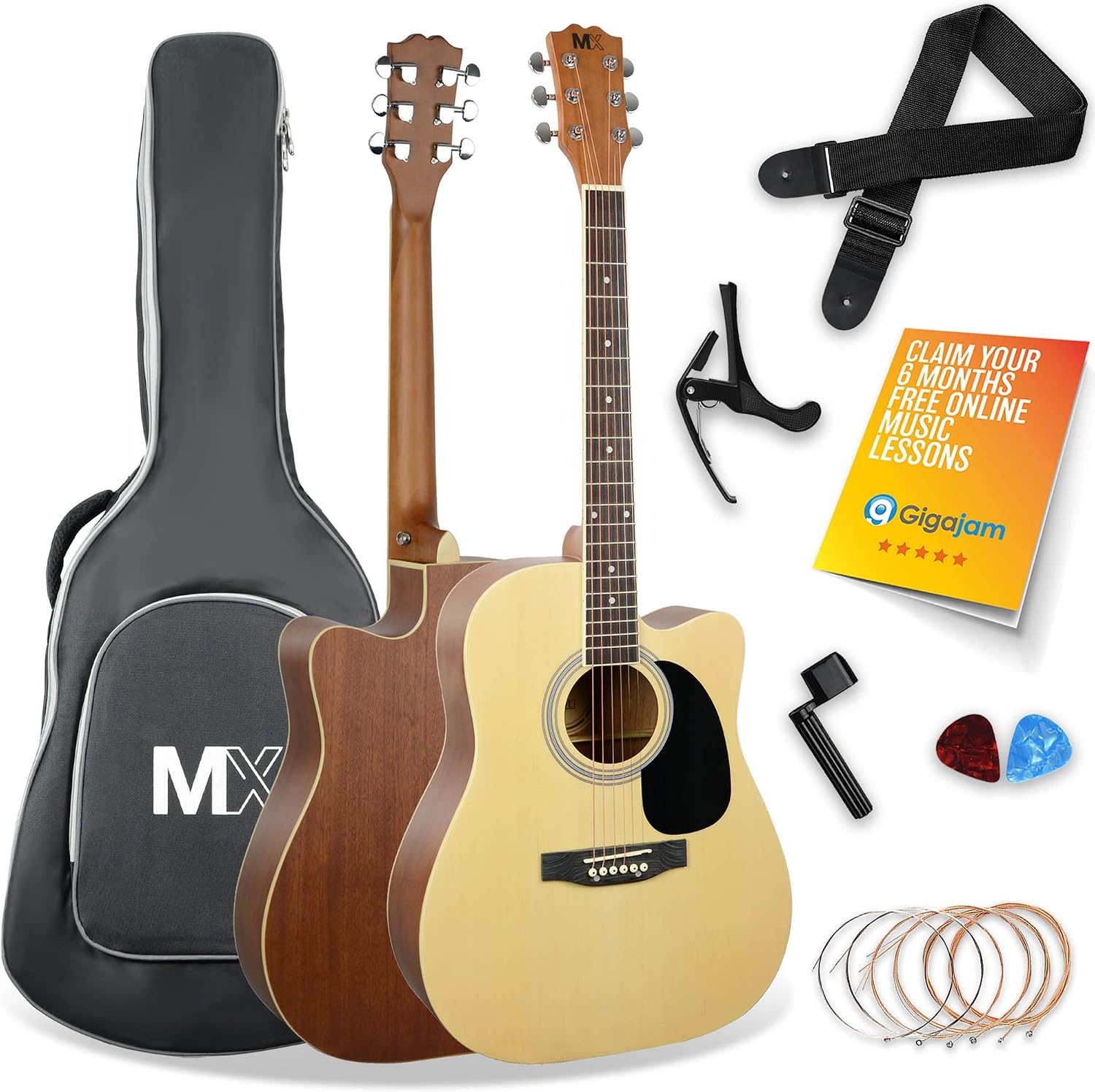 MX by 3rd Avenue Performance Series Acoustic Guitar Full Size Guitar Package with Natural Cutaway Spruce Top