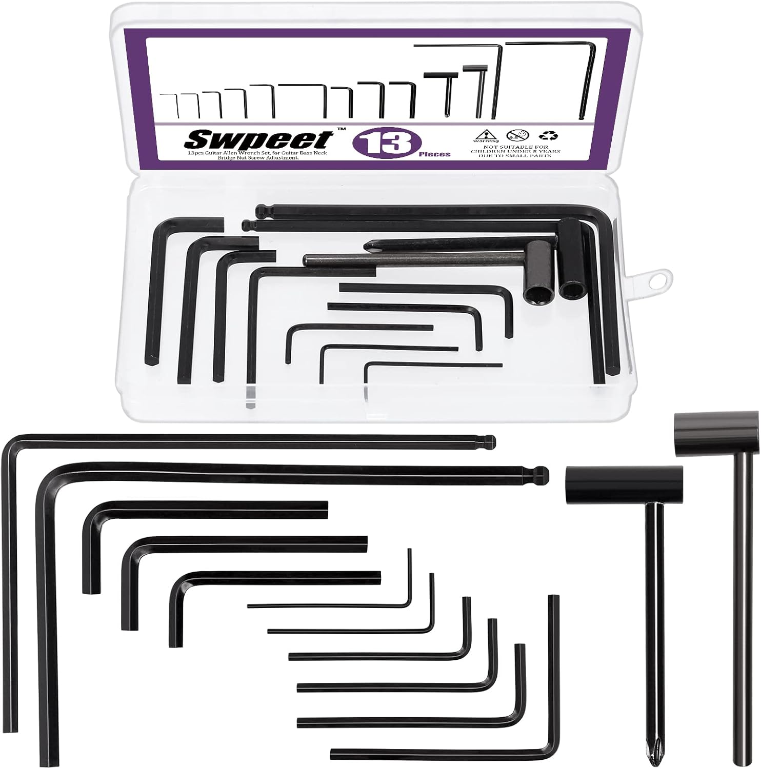 Swpeet 13Pcs Guitar Allen Wrench Set, Including 9Pcs Allen Wrench, 7mm & 8mm Truss Rod Hex Box Wrenches and 4mm & 5mm Ball End Truss Rod Wrenches